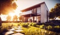 Modern house view from the street. A rendering of a modern house in the sunset Royalty Free Stock Photo