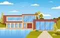 Modern House Villa Exterior with Swimming Pool at Backyard Illustration Royalty Free Stock Photo