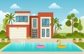 Modern House Villa Exterior with Swimming Pool at Backyard Illustration