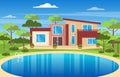 Modern House Villa Exterior with Swimming Pool at Backyard Illustration