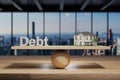 Modern house villa style comparison with debt on wooden scale with sphere on desk in modern office, skyline view, 3D Illustration