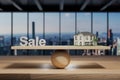 Modern house villa style comparison with sale on wooden scale with sphere on desk in modern office, skyline view, 3D Illustration