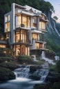 Modern house at waterfall Royalty Free Stock Photo