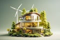 Modern house with wind turbines Eco 3D rendering Generative Ai