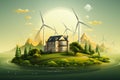 Modern house with wind turbines Eco friendly concept 3D rendering