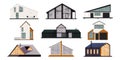 Modern houses. Cartoon cottage and villa, modern residential buildings with garage and porch, flat country estate with