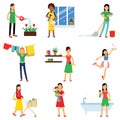 Modern housewife in housework activity set, homemaker cleaning, housekeeping, caring for a child Illustrations