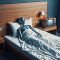 Modern humanoid robot sleeping in a hotel room bed