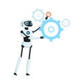 Modern Humanoid or Robotic Device with Iron Limbs Holding Gear-wheel Vector Illustration