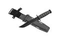 Modern hunting knife with black blade and rubber handle. Steel arms. Isolate on a white back Royalty Free Stock Photo