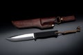 A modern hunting knife and a leather case for him on a dark background. Melee weapons for hunting and self-defense. The instrument Royalty Free Stock Photo
