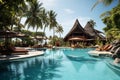 Modern Hut Gazebo with Swimming Pool in Resort as Relaxing Place to Holiday on Summertime Royalty Free Stock Photo