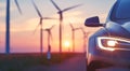 Modern hybrid eco car against the background of wind turbines and solar panels. Alternative ecological energy and fuel Royalty Free Stock Photo