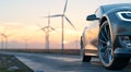 Modern hybrid eco car against the background of wind turbines and solar panels. Alternative ecological energy and fuel Royalty Free Stock Photo