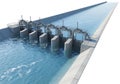 Modern hydroelectric dam with multiple gates isolated on white background Royalty Free Stock Photo