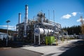 Modern hydrogen plant, gleaming machinery and pipelines, a vision of sustainable innovation