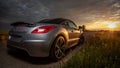 Modern Hyundai Genesis Coupe car on a field in a vibrant sunset sky background