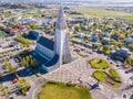 Modern Iceland Reykjavik architecture. Aerial photo. religious building from the top. Aerial dron photo