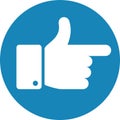 Modern icon featuring a white hand pointing right, enclosed in a blue circle, representing direction, instruction, and