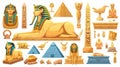 A modern icon set of ancient Egyptian landmarks including sphinx, pyramid, golden sarcophagus and obelisk. An isolated Royalty Free Stock Photo