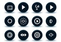 A modern icon set with thin, editable lines, showcasing a music play button, sound mute, and pause button, as well as a