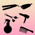Modern icons set silhouettes of hairdressing tools. Symbol collection of hairdressing tools isolated on white background. Modern f