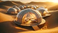 Modern igloo tents designed for luxury desert camping, set against a twilight sky filled with stars.Geodesic domes