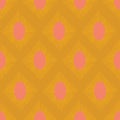 Modern Ikat seamless vector pattern gold yellow pink. Abstract rhombus shapes repeating background.