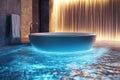 Modern illuminated bathtub in a luxurious spa setting with water features at night Royalty Free Stock Photo