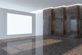 Modern illuminated gallery interior with empty white mock up banner and reflections on floor. Royalty Free Stock Photo