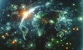Modern, illuminated world map as background in green fractal, network Royalty Free Stock Photo
