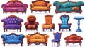 Modern illustration of cartoon couch and sofa furniture. A classic and modern design, made of leather, fabric, buttoned