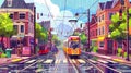 Modern illustration of a city street in rainy weather with houses, trams, and an empty car road with pedestrian crossing Royalty Free Stock Photo