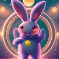 Modern Illustration of Cute cartoon cosmic rabbit with 3d elements. Easter Bunny. Generative AI