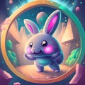 Modern Illustration of Cute cartoon rabbit in space with 3d elements. Easter Bunny. Generative AI