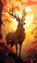 Modern illustration of a deer in an autumnal forest. Generative AI.