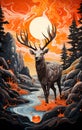 Modern illustration of a deer in an autumnal forest. Generative AI.