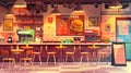 Modern illustration of fast food and pizza restaurant interior with tables and chairs, menu board, coffee machine, oven Royalty Free Stock Photo