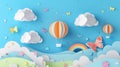 Modern illustration with fluffy clouds on blue sky background, summer sun, butterfly, hot air balloons, rainbow, paper Royalty Free Stock Photo