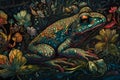 Modern illustration of a frog with floral ornaments. Multicolored surreal elements.