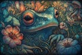 Modern illustration of a frog with floral ornaments. Multicolored surreal elements.