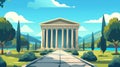 Modern illustration of a Greek or Roman temple building with columns and pediment. Summer landscape with pillars and a