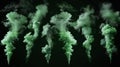 Modern illustration of green smoke clouds on a black background, showing bad odor, chemical toxic gas, mist over a magic