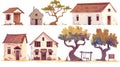 Modern illustration of house development process, medieval rural house, old stone mansion, and modern concrete villa