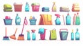 Modern illustration of household tools and chemicals isolated on white. Mop, broomstick, plunger, brushes, laundry Royalty Free Stock Photo