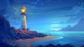 Modern illustration of a lighthouse on a beach near the sea. Beautiful nature scenery at midnight. Fantasy adventure bay Royalty Free Stock Photo