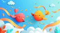 Modern illustration for Makar Sankranti. Cute colorful paper toys in shape of fish and bird with ribbons flying in blue