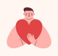 Cute clipart in flat style with boy activist. Man volunteer with big heart in hands.