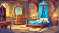 Modern illustration of medieval castle room with wooden bed decorated with blue canopy and bows, bookcase, mirror on Royalty Free Stock Photo