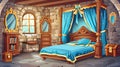 Modern illustration of medieval castle room with wooden bed decorated with blue canopy and bows, bookcase, mirror, and Royalty Free Stock Photo